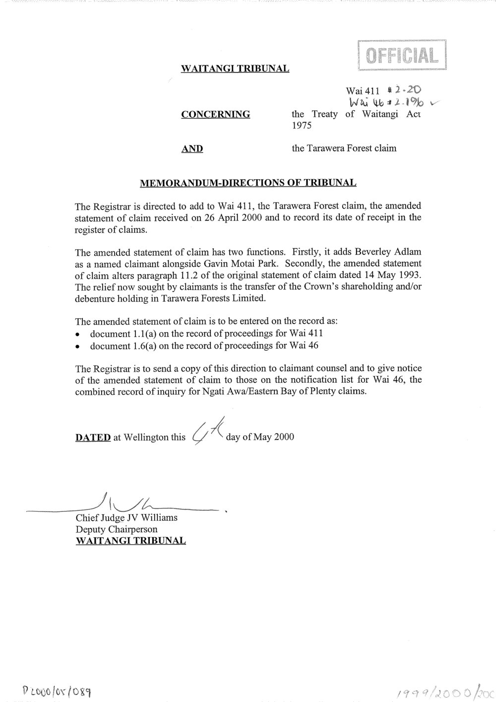 Wai 46_INQ_2.196_Memo Directions of Tribunal 4 May 2000