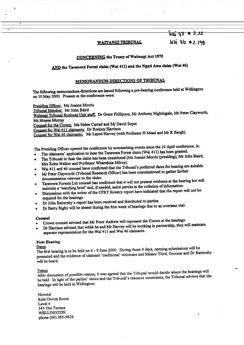 Wai 46_INQ_2.198_Memo Directions of Tribunal Tarawera Forest Claim (Wai 411) &amp; The NA claim (Wai 66)