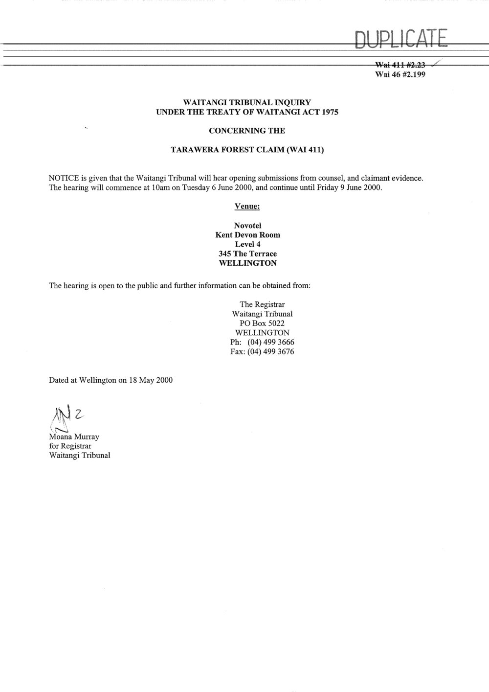 Wai 46_INQ_2.199_Waitangi Tribunal will hear open submissions RE Tarawera Forest Claim (Wai 211)