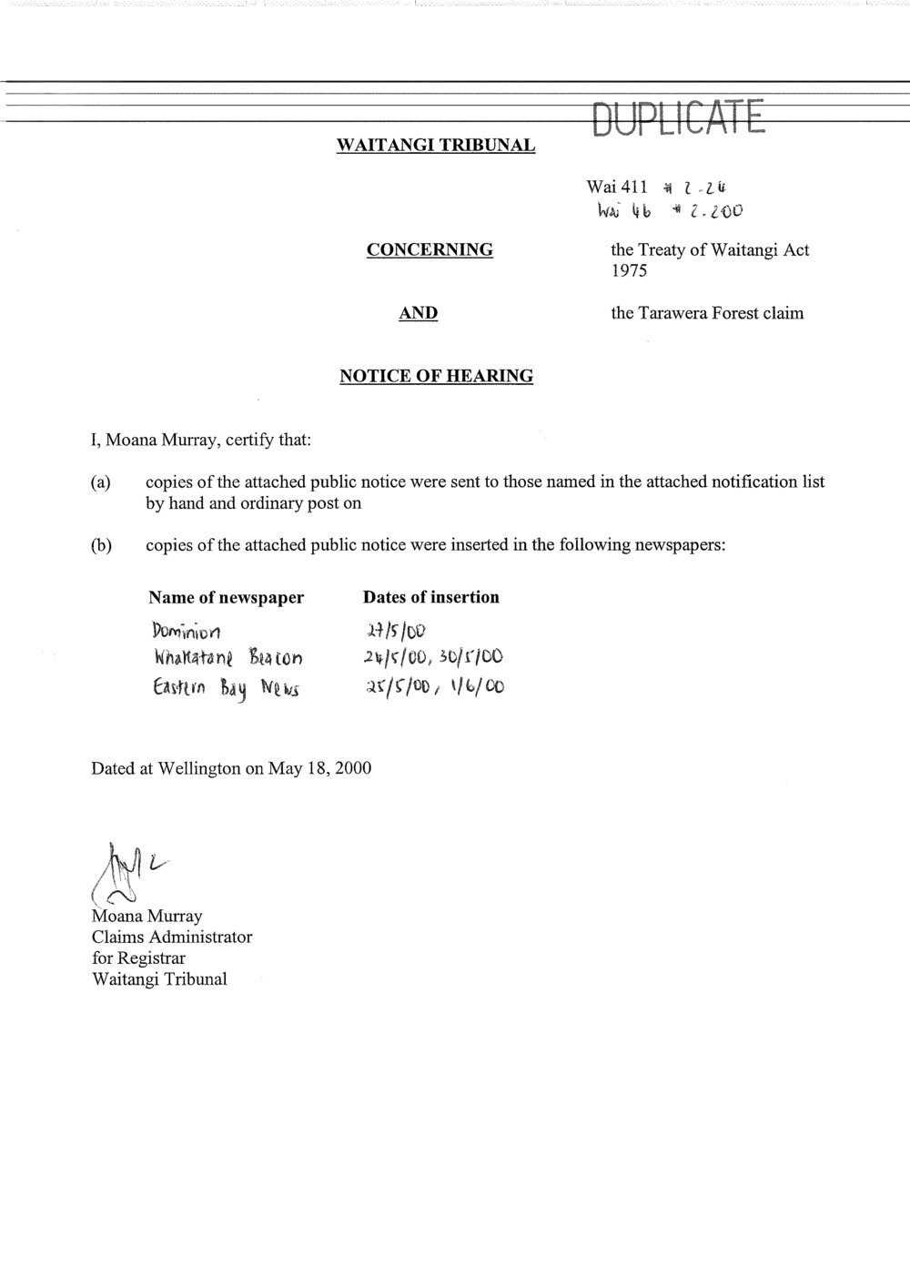 Wai 46_INQ_2.200_Public notice of hearing Wai 411 The Tarawera Forest Claim