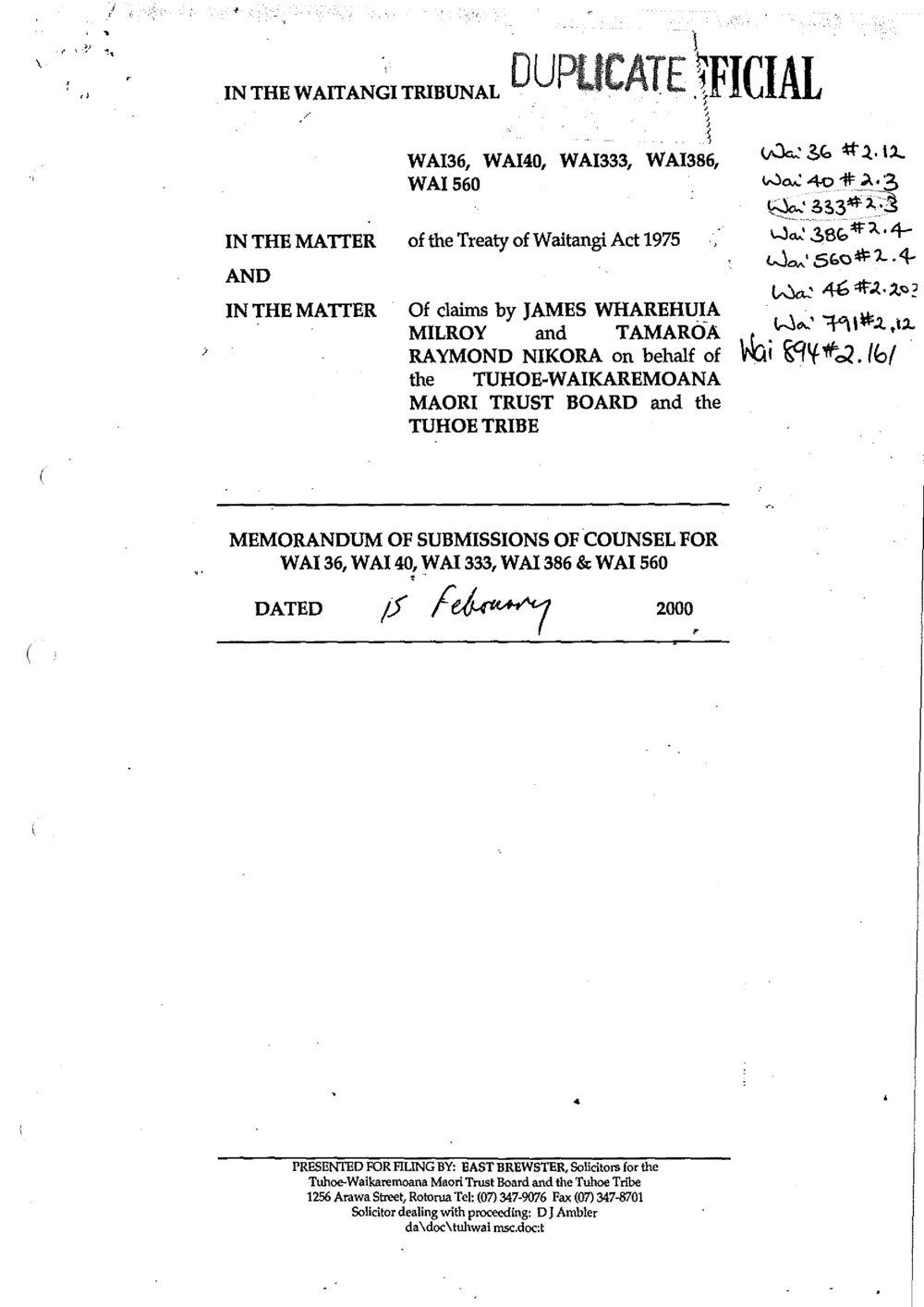 Wai 46_INQ_2.203_Memo of Submissions of Counsel for WAI 36, WAI 40, WAI 333, WAI 386 &amp; WAI 560 by J.W.Milroy &amp; T.R.Nikora