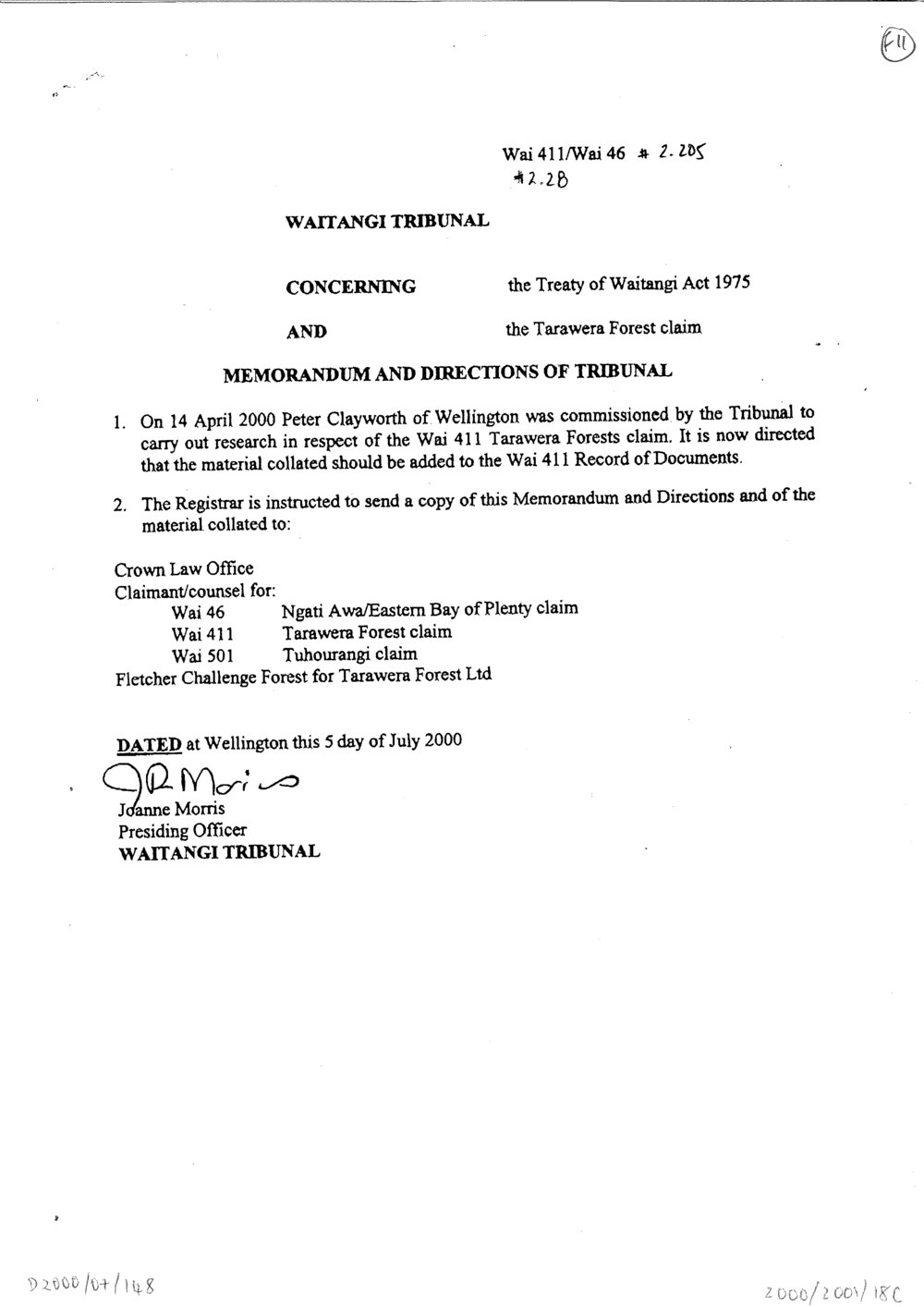 Wai 46_INQ_2.205_Memo and Directions of Tribunal RE Tarawera Forest Claim July 2000