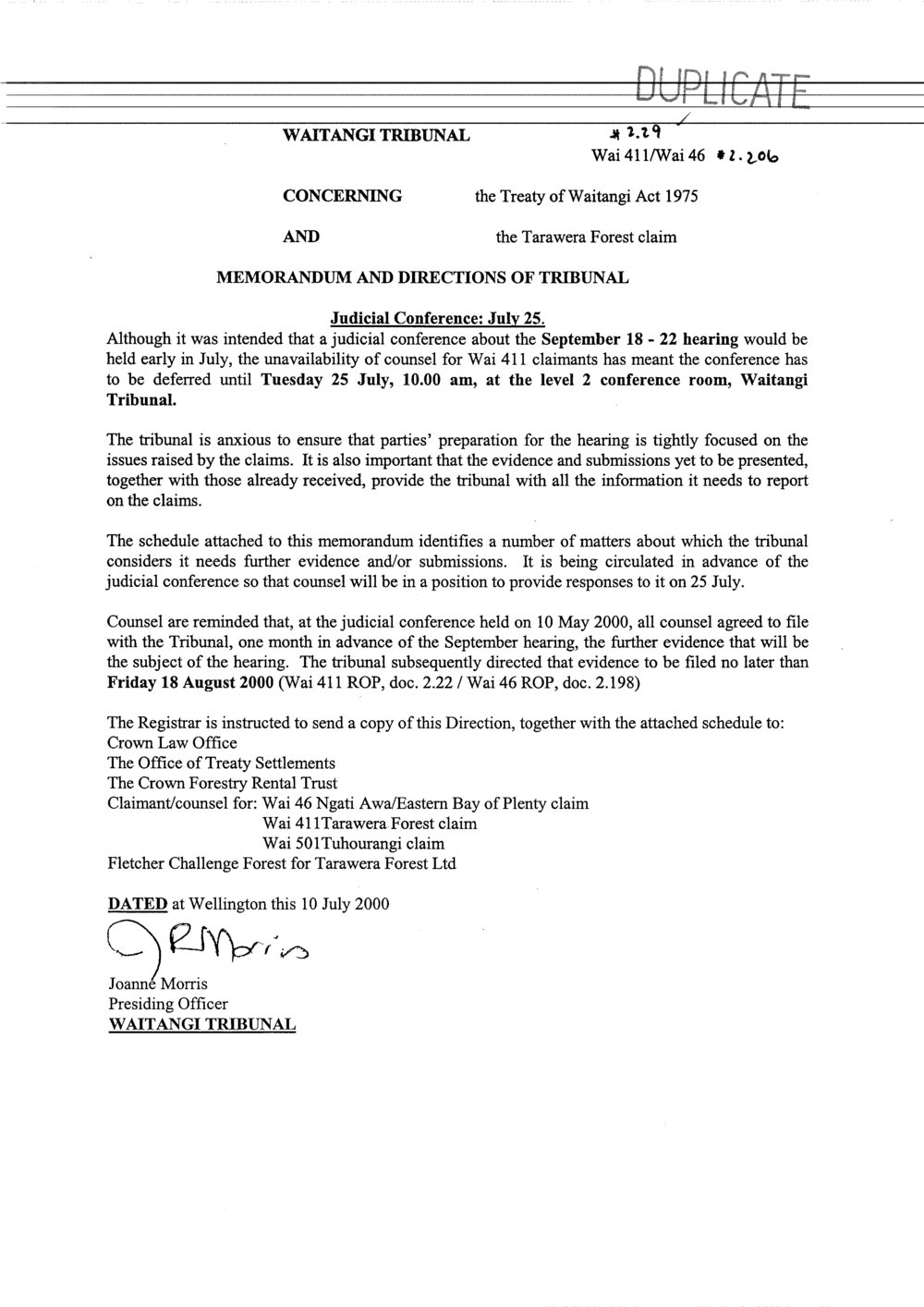 Wai 46_INQ_2.206_Memo &amp; Directions of Tribunal RE Judicial Conference July 25