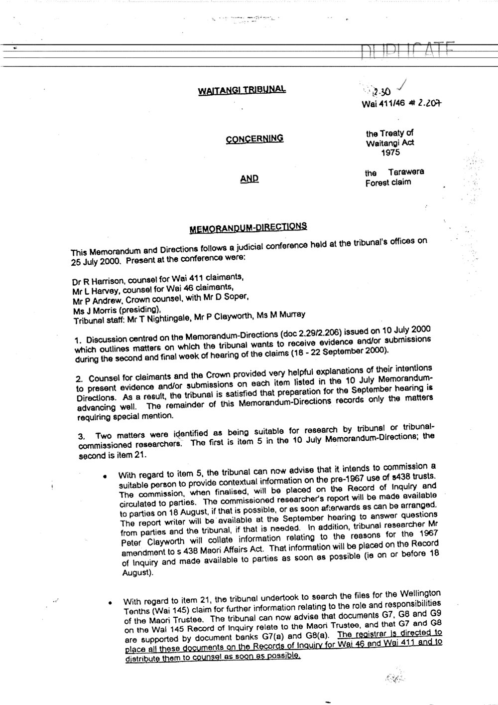 Wai 46_INQ_2.207_Memo Directions RE Tarawera Forest Claim 25 July 2000