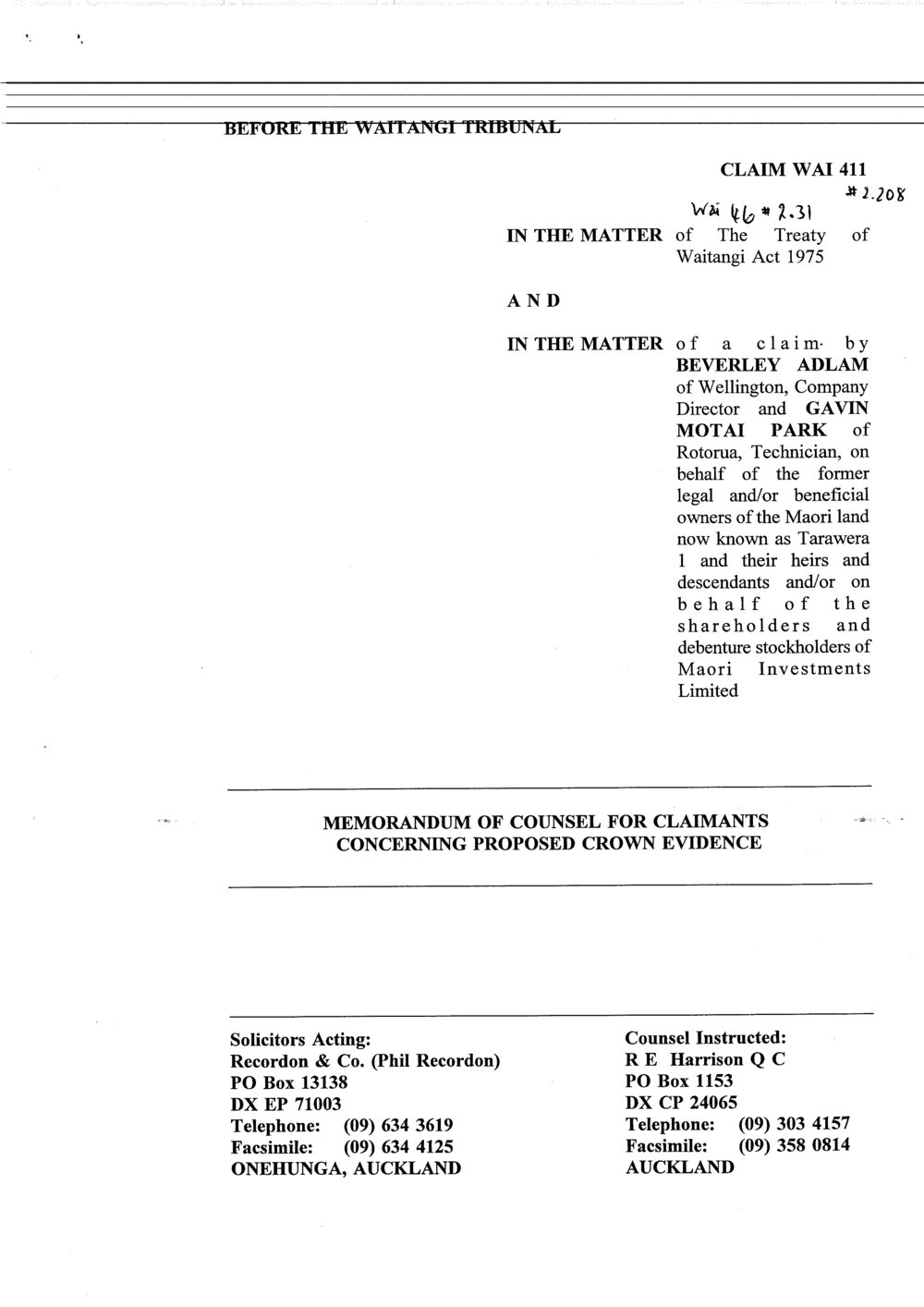 Wai 46_INQ_2.208_Memo of Counsel for Claimants Concerning Proposed Crown Evidence -MIL