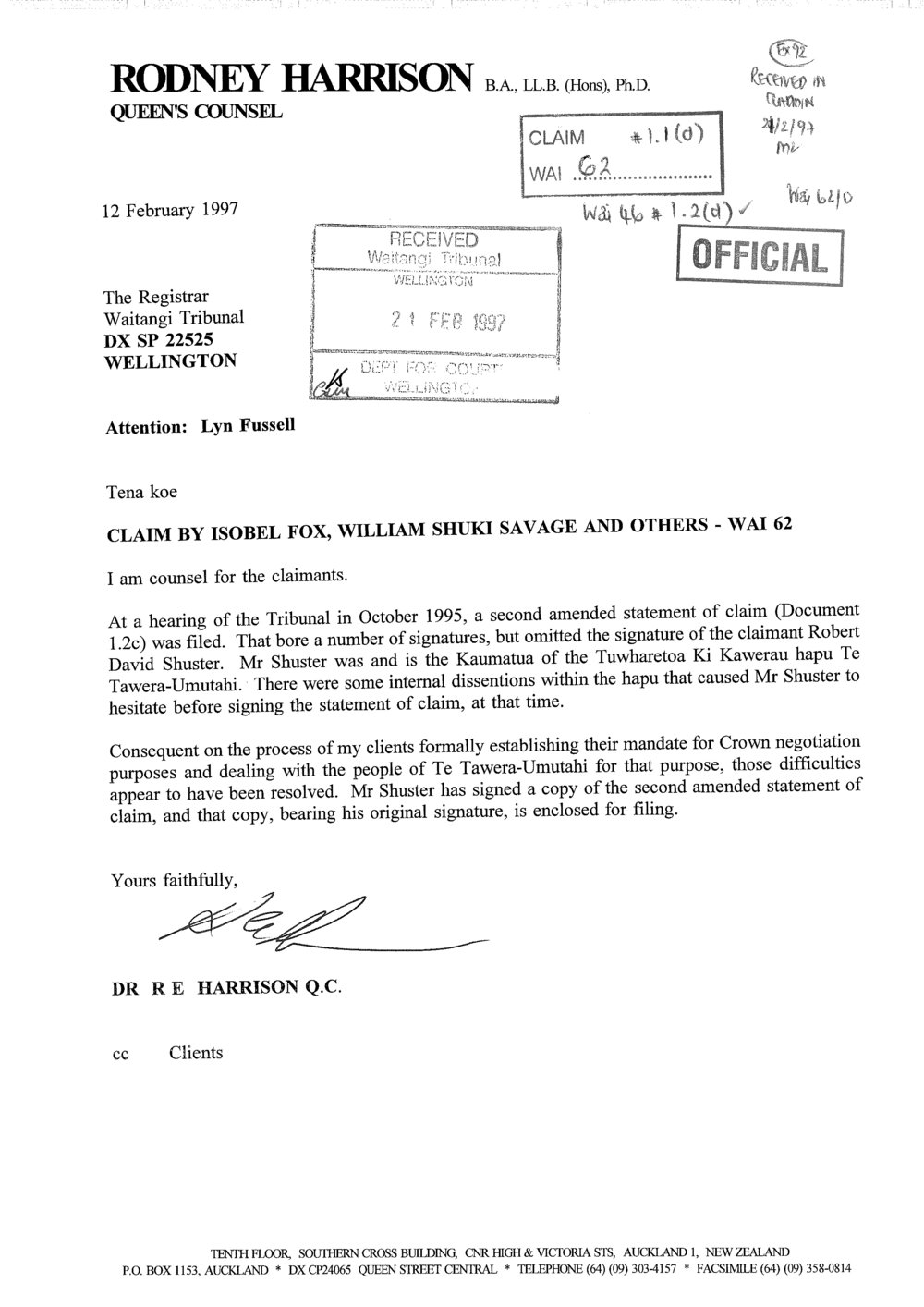 Wai 46_INQ_ 1.2 (d)_Letter by I.Fox, W.Savage Wai 62