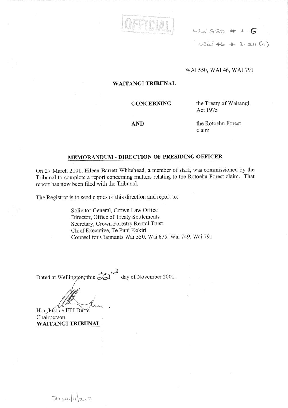 Wai 46_INQ_2.211 (a)_Memo Rotoehu Forest claim filed with Tribunal 2001