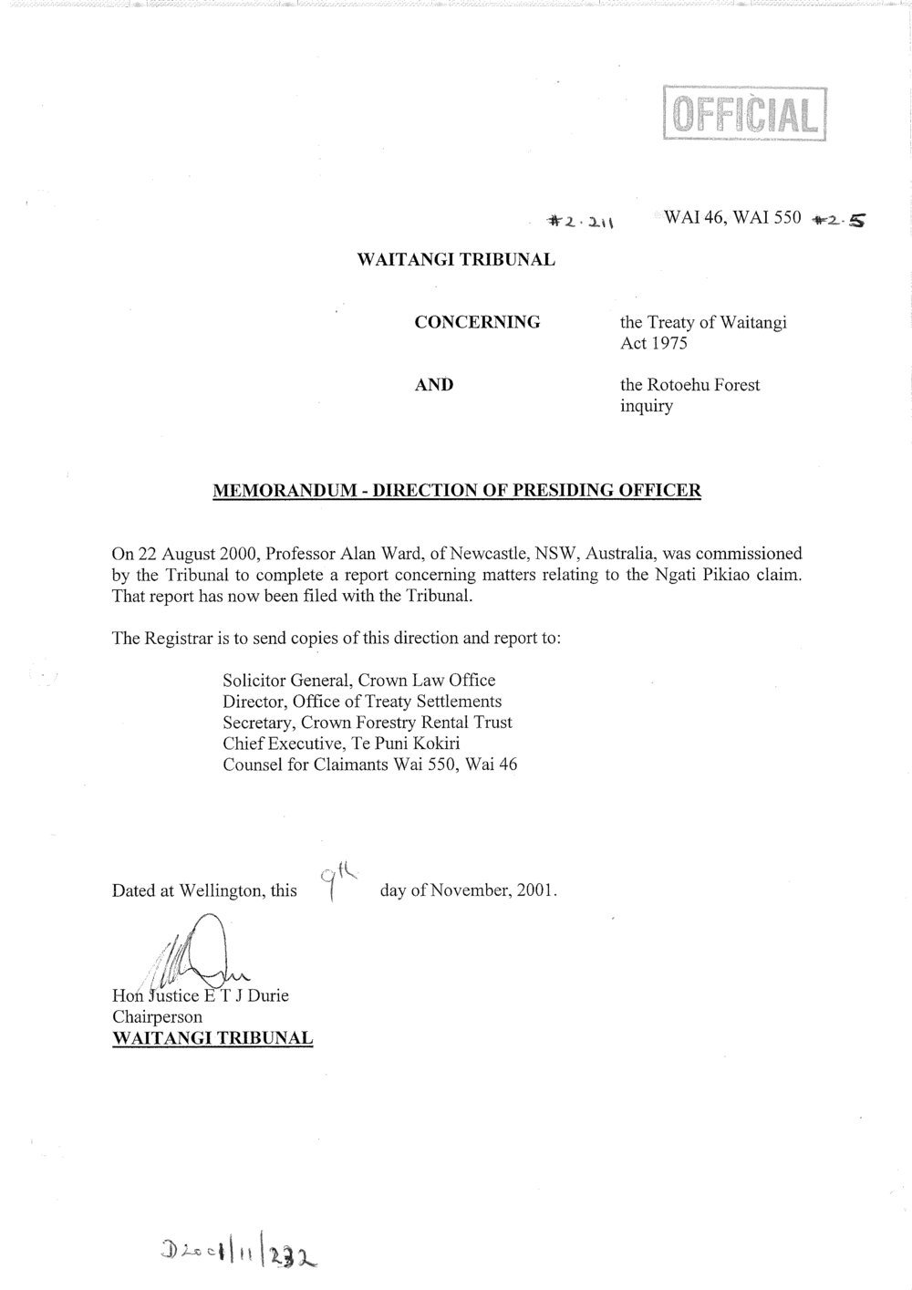 Wai 46_INQ_2.211_Memo Direction of presiding officer 2001 - Rotoehu Forest