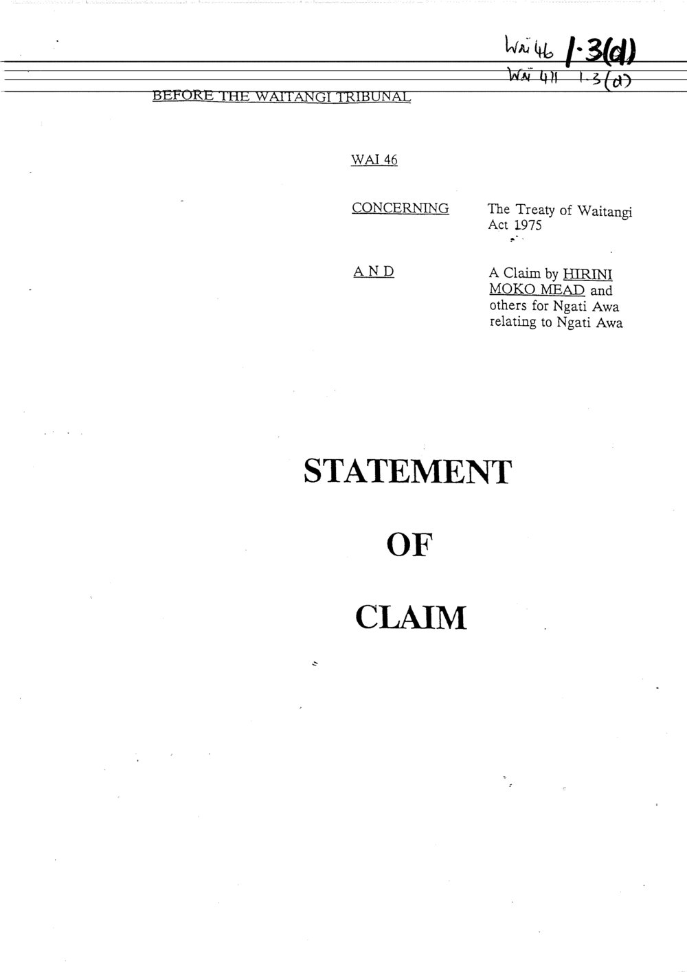 Wai 46_INQ_ 1.3 (d)_Statement of Claim Hirini Moko Mead