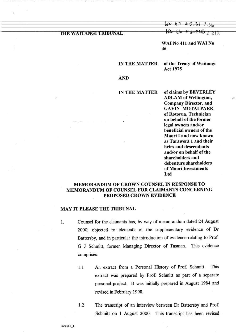 Wai 46_INQ_2.212_Memo by Maori Investments Ltd RE Crown Counsel in response to the memo of counsel for claimants concerning proposed crown evidence