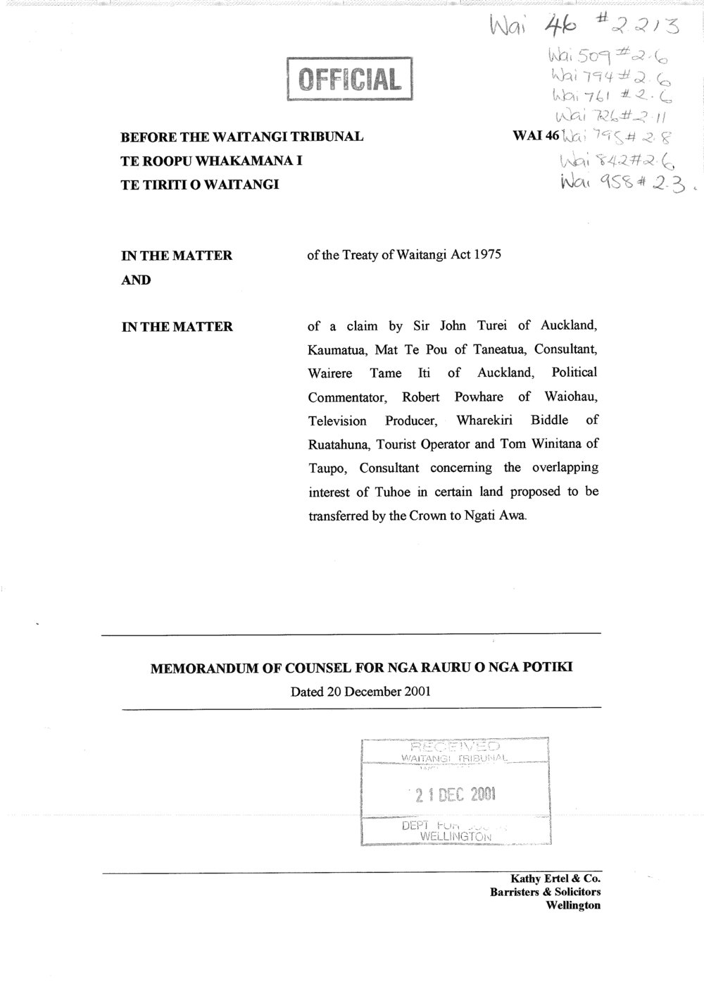 Wai 46_INQ_2.213_Memo of Counsel for Nga Rauru o Nga Potiki 2001