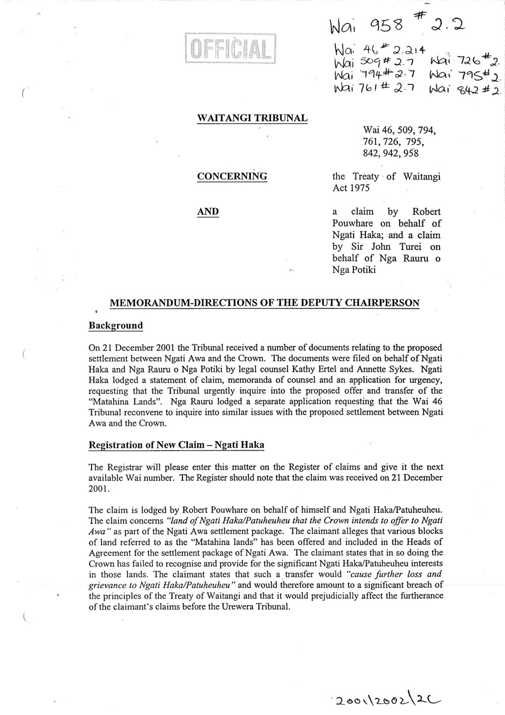 Wai 46_INQ_2.214_Memo by Ngati Haka RE Directions of The Deputy Chairperson