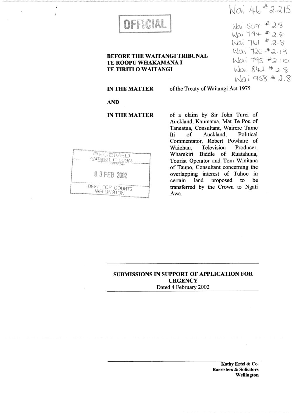 Wai 46_INQ_2.215_Submissions in support of application for urgency - Nga Rauru