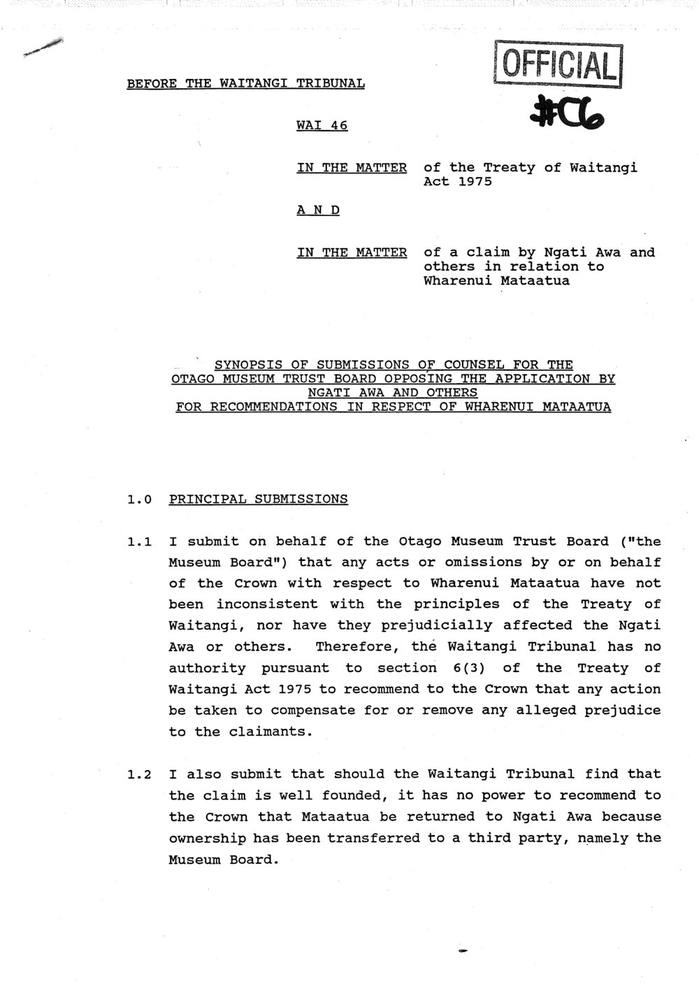 Wai 46_INQ_C006_Submissions of Counsel for Otago Museum from Ngati Awa RE Mataatua Wharenui