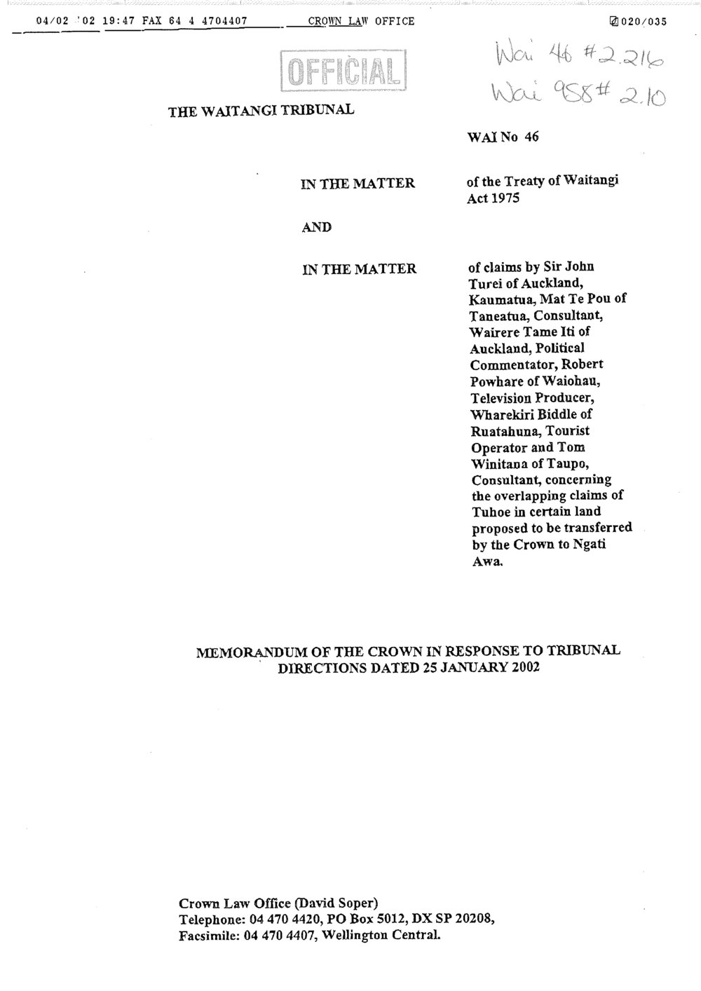 Wai 46_INQ_2.216_Memo of The Crown Response to The Tribunal Directions 25 January 2002