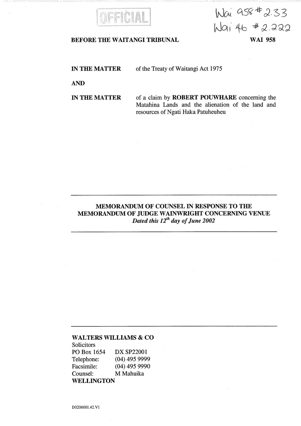 Wai 46_INQ_2.222_Memo RE Matahina Lands and alienation of land N H Patuheuheu