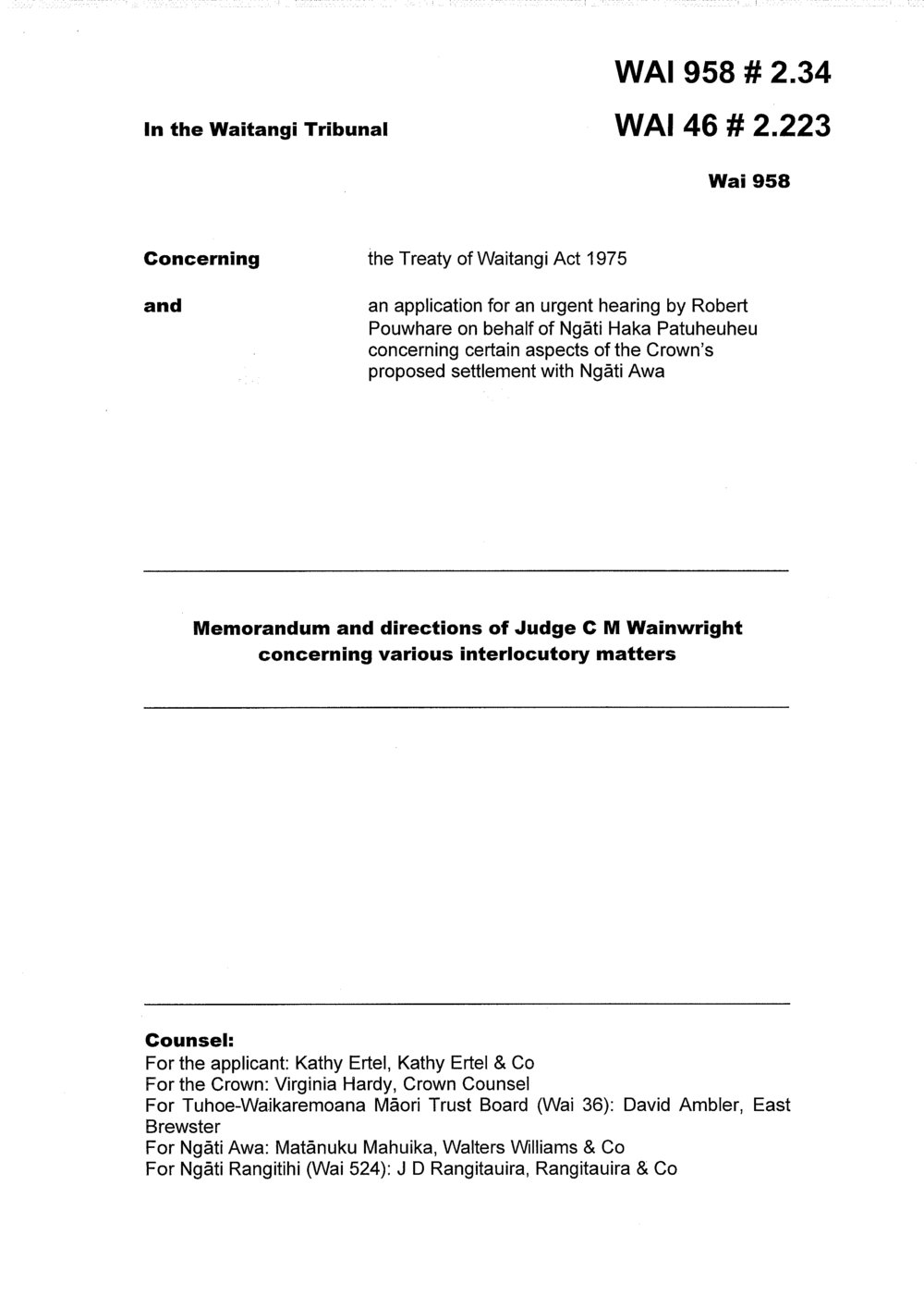 Wai 46_INQ_2.223_Memo and directions J.C.M Wainwright - various int matters