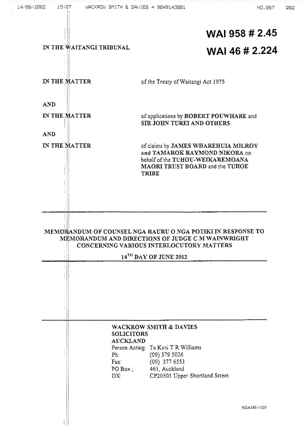 Wai 46_INQ_2.224_Memo by J. W. Milroy &amp; T.R.Nikora RE Response to memo and directions of Judge C.M Wainwright concerning various int matters