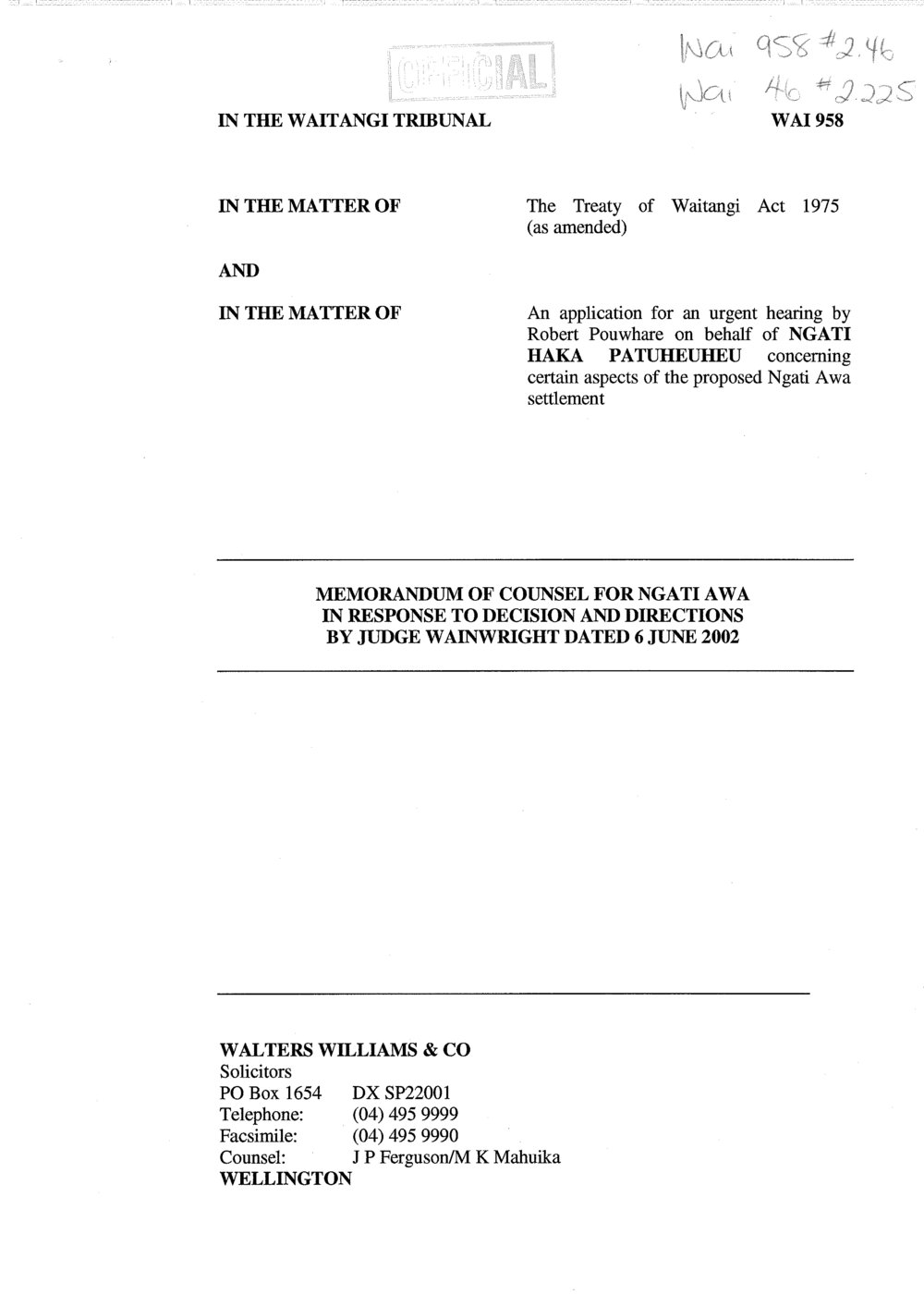 Wai 46_INQ_2.225_Memo of Counsel for Ngayi Awa In response to decision and directions by J. Wainwright June 6 2002