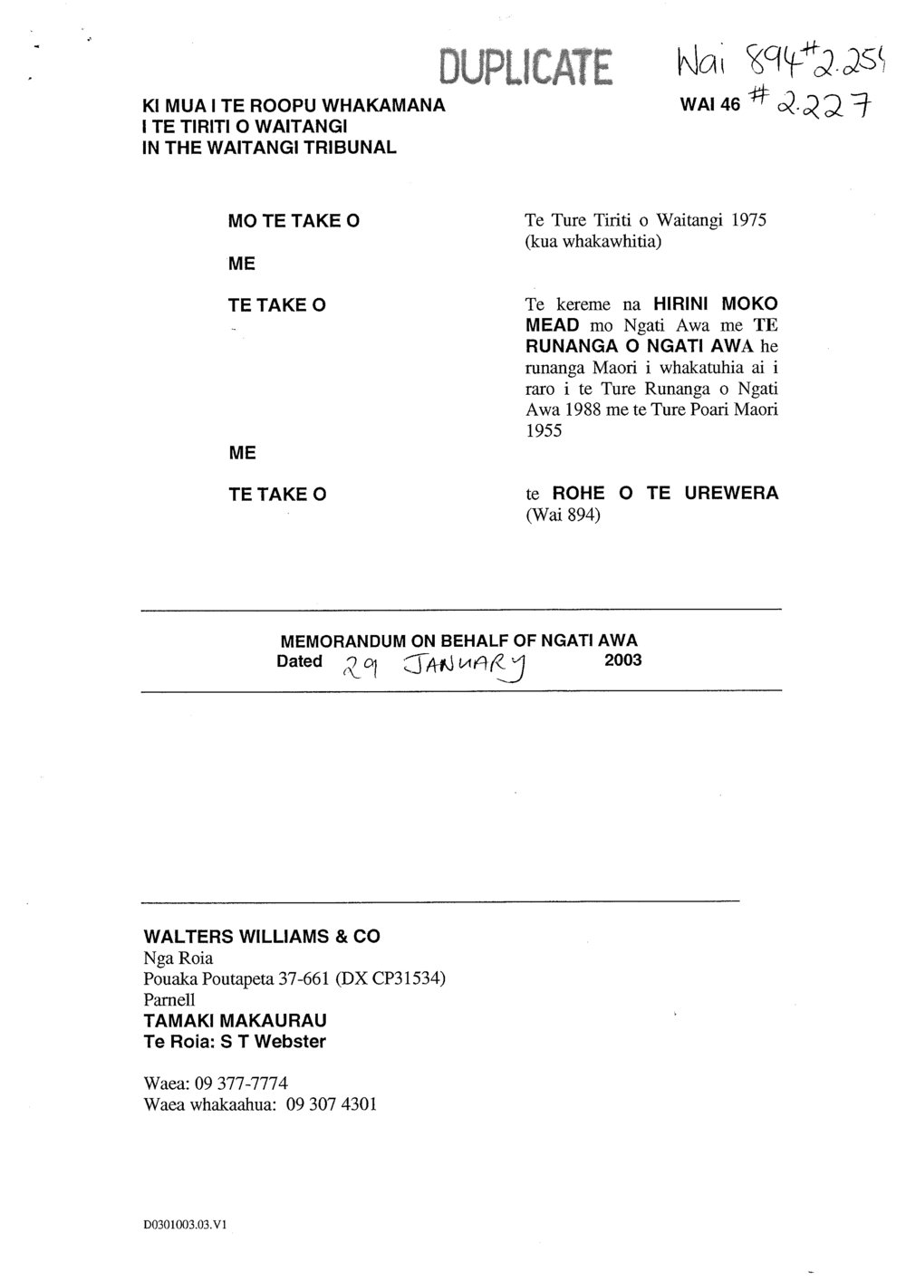 Wai 46_INQ_2.226_Memo by H.Mead Re Ammended Statement of Claims 2003
