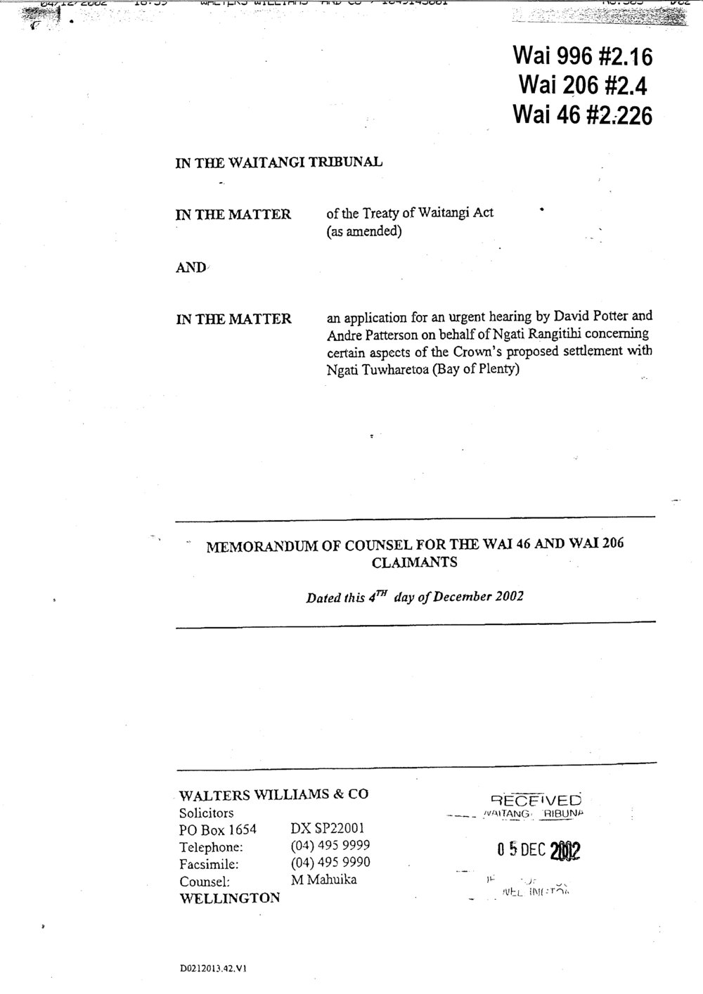 Wai 46_INQ_2.226A_Memo by D.Potter &amp; A.Patterson RE Counsel for the Wai 46 and Wai 206 Claimants