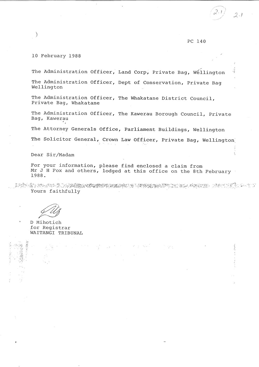 Wai_INQ_46, 2.1_Letter Re Enclosed a Claim from Mr J M Fox and others