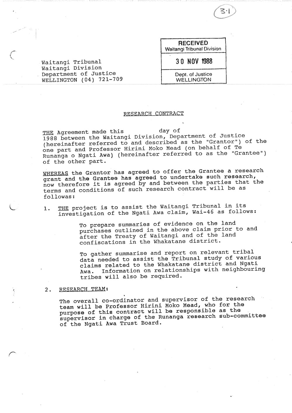 Wai 46_INQ_3.1_Research Conract - Waitangi Division, DO &amp; H Mead 30 Nov 1988