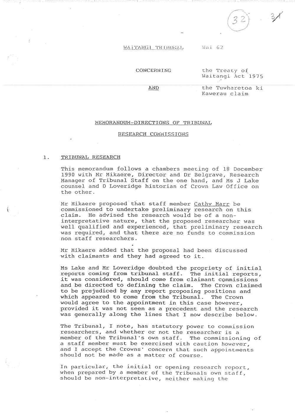 Wai 46_INQ_3.2_Memo - Directions of Tribunal RE Research Commissions 10 Dec 1990