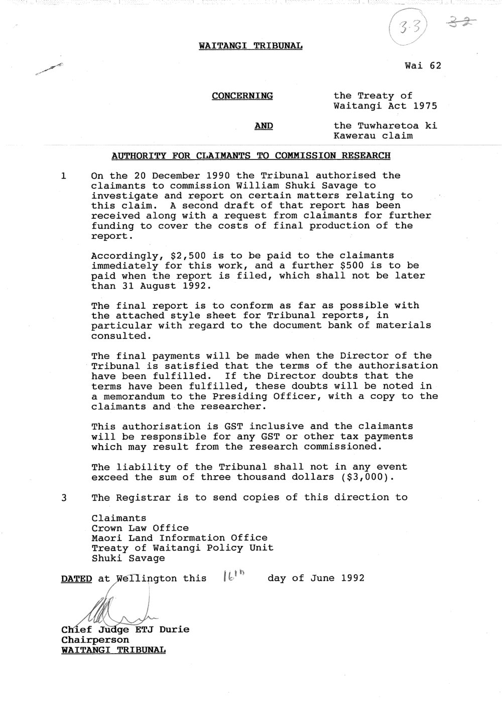 Wai 46_INQ_3.3_Authority for Claimants to Commission Research RE Tuwharetoa ki Kawerau 16 June 1992
