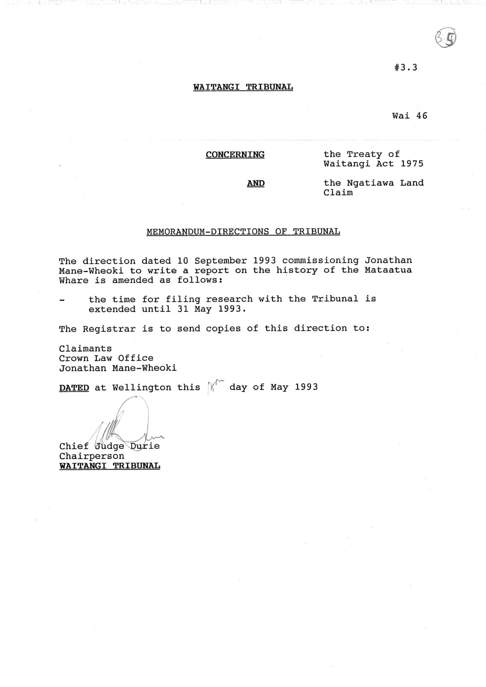 Wai 46_INQ_3.5_Memo - Directions of Tribunal RE Research for Mataatua Whare 18 May 1993