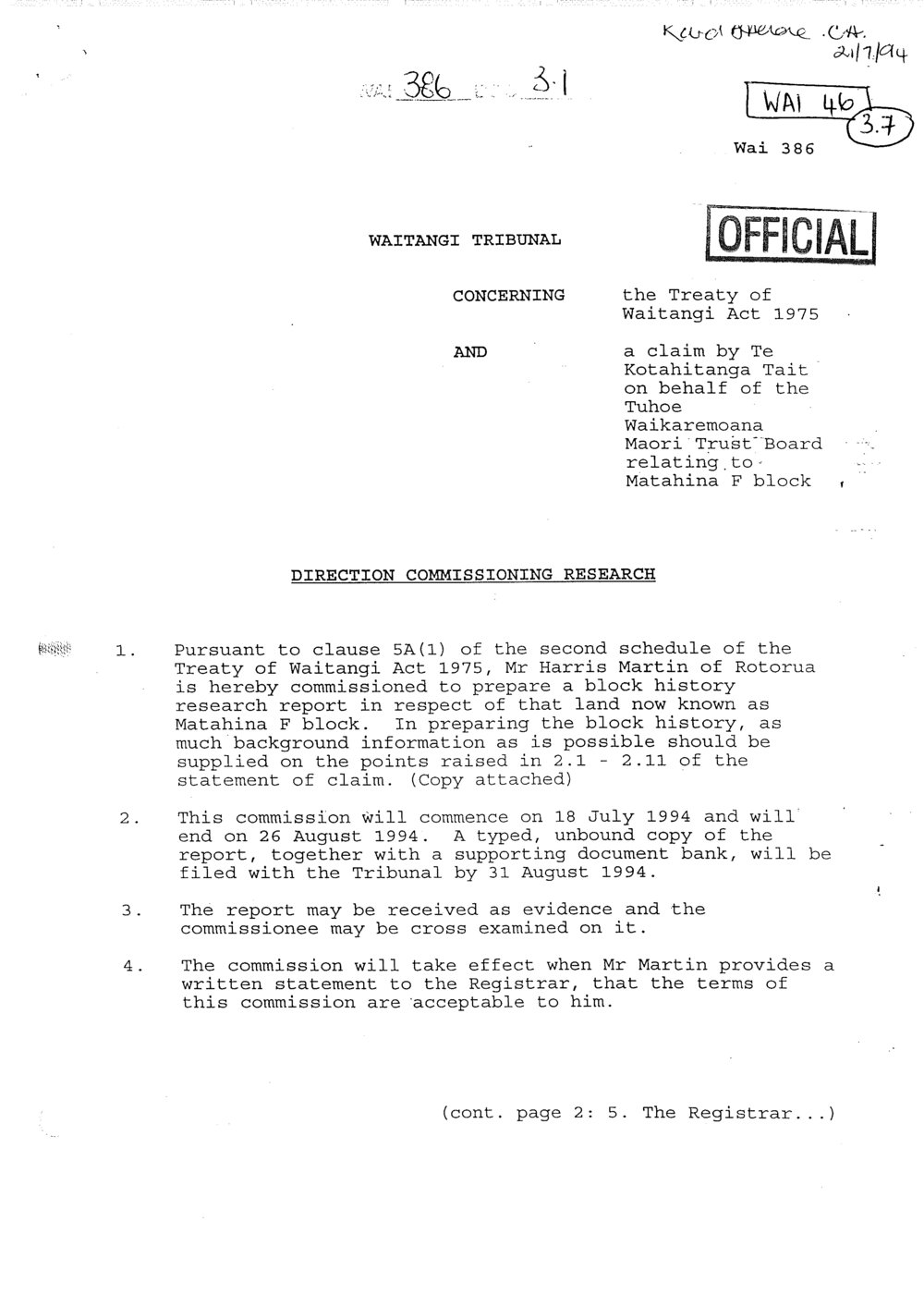 Wai 46_INQ_3.7_Direction - Commissiong Research - Harris Martin - Matahina F Block 18 July 1994