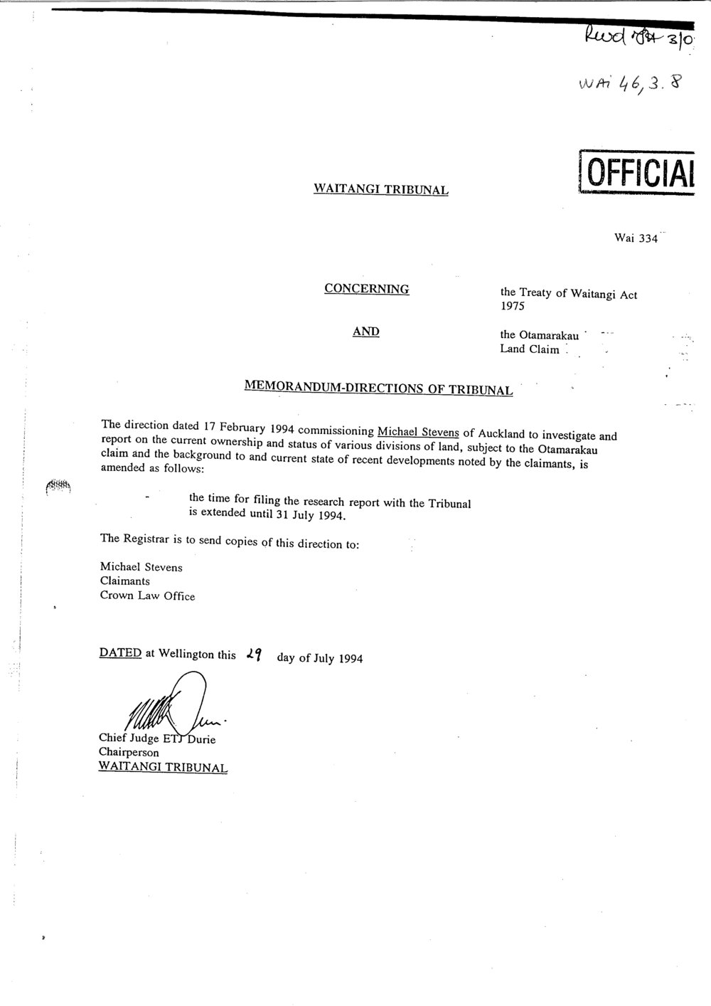 Wai 46_INQ_3.8_Memo - Directions of Tribunal RE Otamarakau Land Claim 28 July 1994