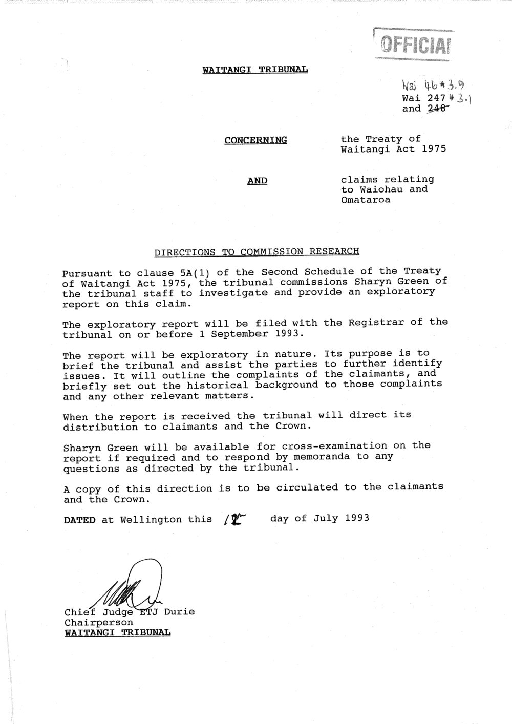 Wai 46_INQ_3.9_Directions to Commission Research RE Waiohau and Omataroa 17 July 1993