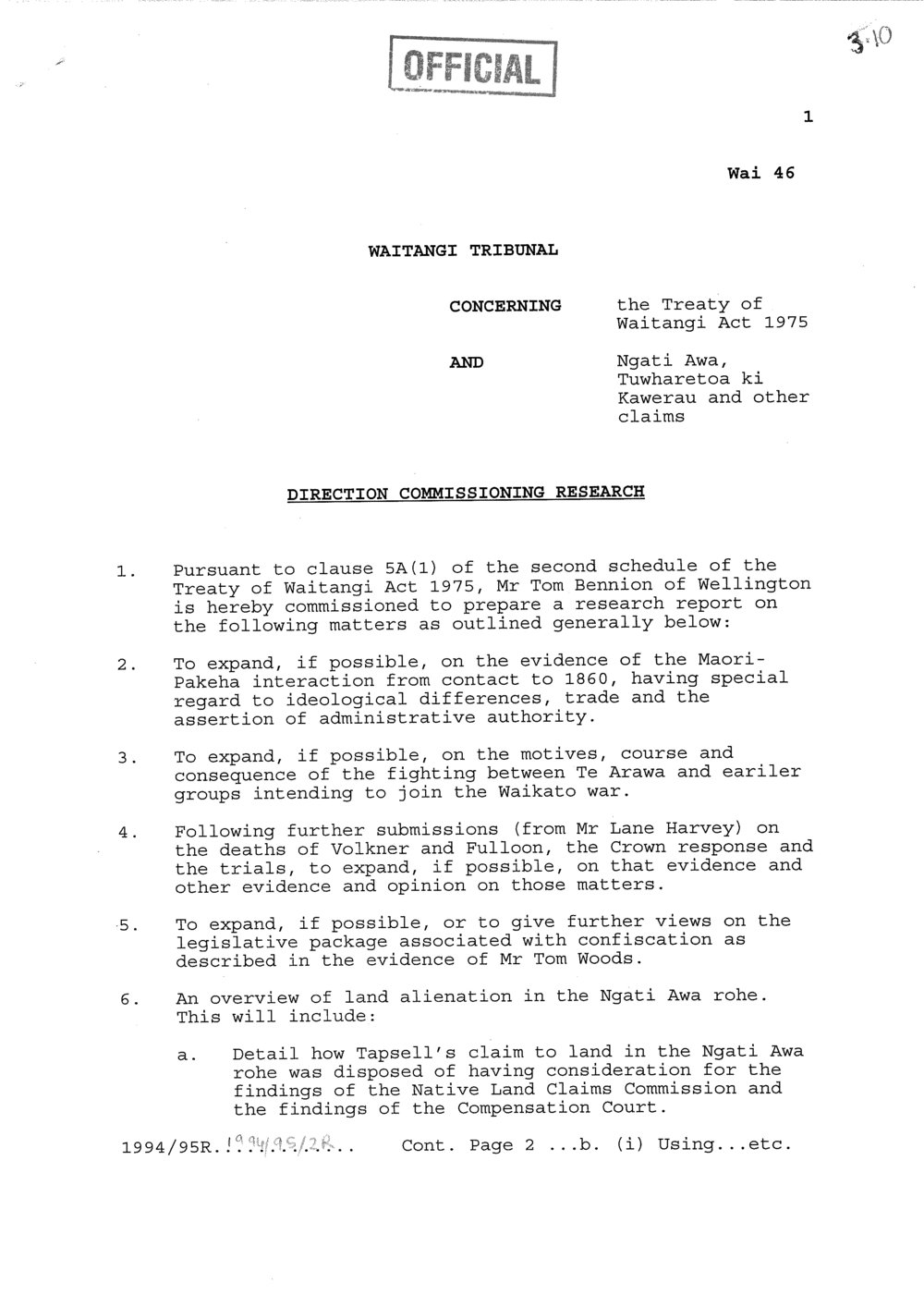 Wai 46_INQ_3.10_Direction Commissioning Research RE Ngati Awa, Tuwharetoa ki Kawerau and other Claims 18 Nov 1994
