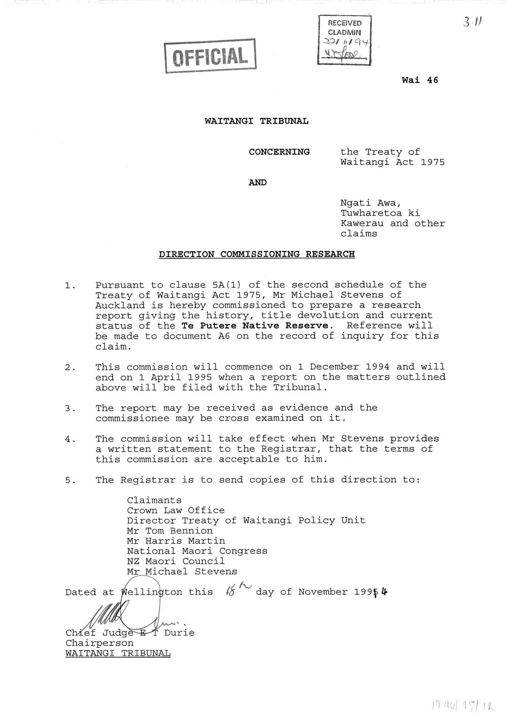 Wai 46_INQ_3.11_Direction Commissioning Research - Michael Stevens - Te Putere Native Reserve 18 November 1994