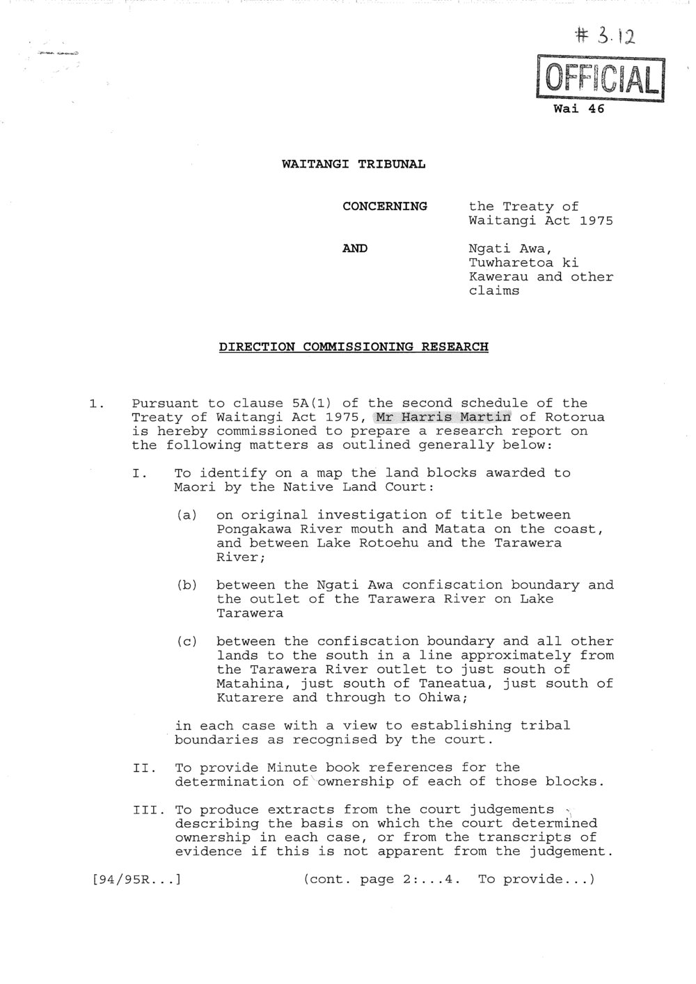 Wai 46_INQ_3.12_Direction Commissioning Research RE Ngati Awa, Tuwharetoa ki Kawerau - Harris Martin 5 Dec 1994