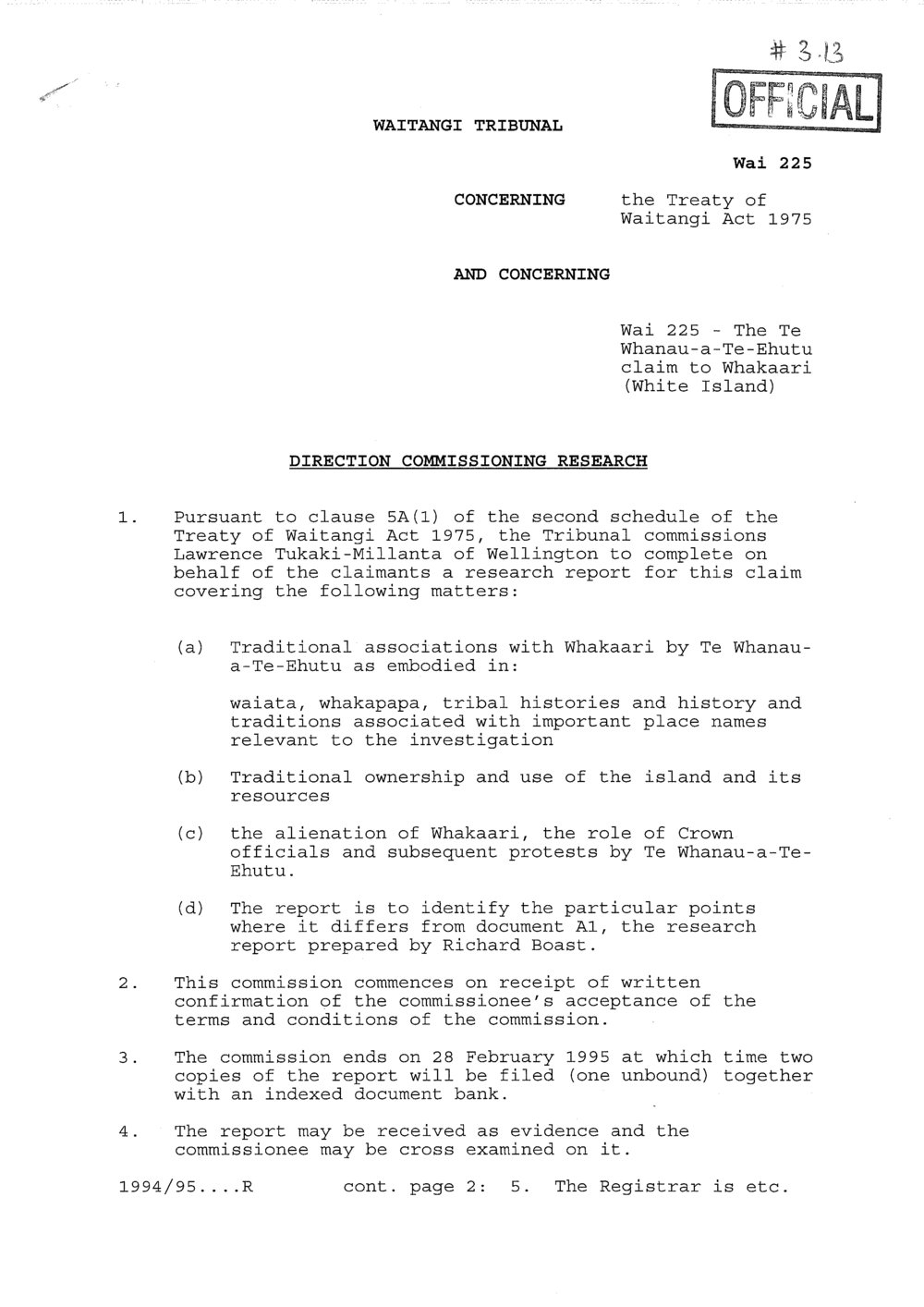 Wai 46_INQ_3.13_Direction Commissioning Reserch RE Wai 225, The Te Whanau-a-Te-Ehutu Claim to Whakaari (White Island)