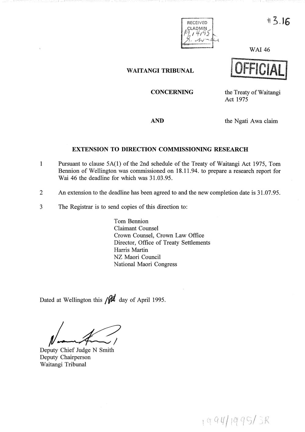 Wai 46_INQ_3.16_Extention to Direction Commissioning Research RE Ngati Awa Claim 18 April 1995