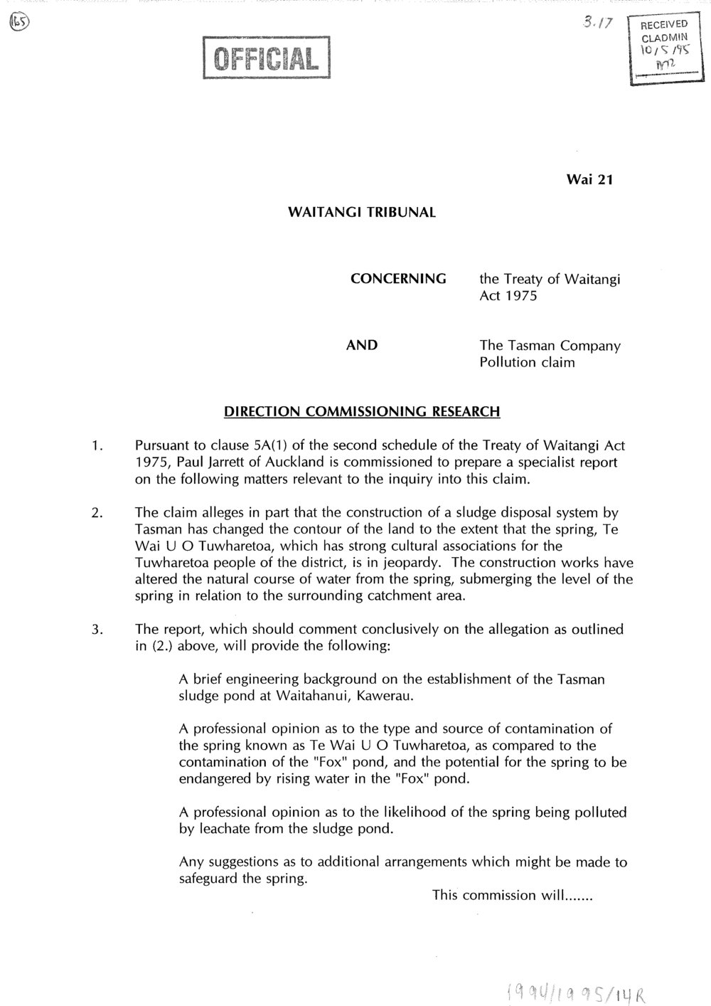 Wai 46_INQ_3.17_Direction Commissioning Research - Tasman - Sludge - 10 May 1995