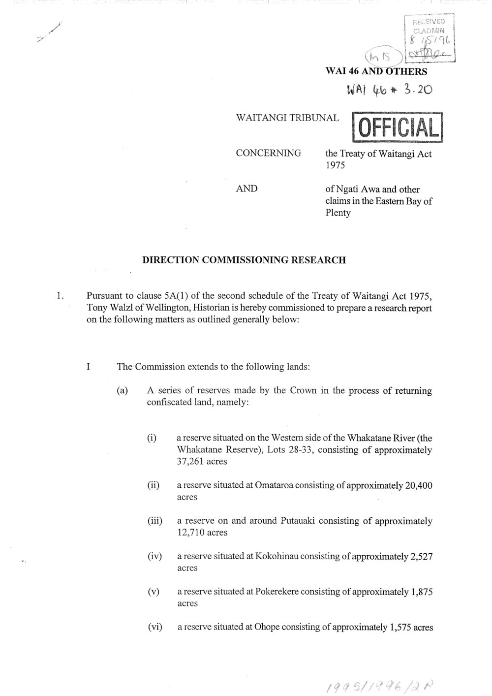 Wai 46_INQ_3.20_Direction Commissioning Research Ngati Awa and other Claims 4 May 1996