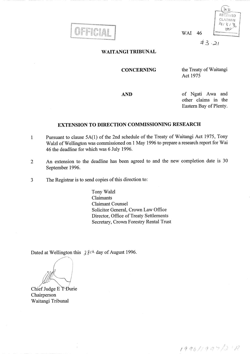 Wai 46_INQ_3.21_Extension to Direction Commissioning Research RE Ngati Awa and other claims EBOP 28 Aug 1996