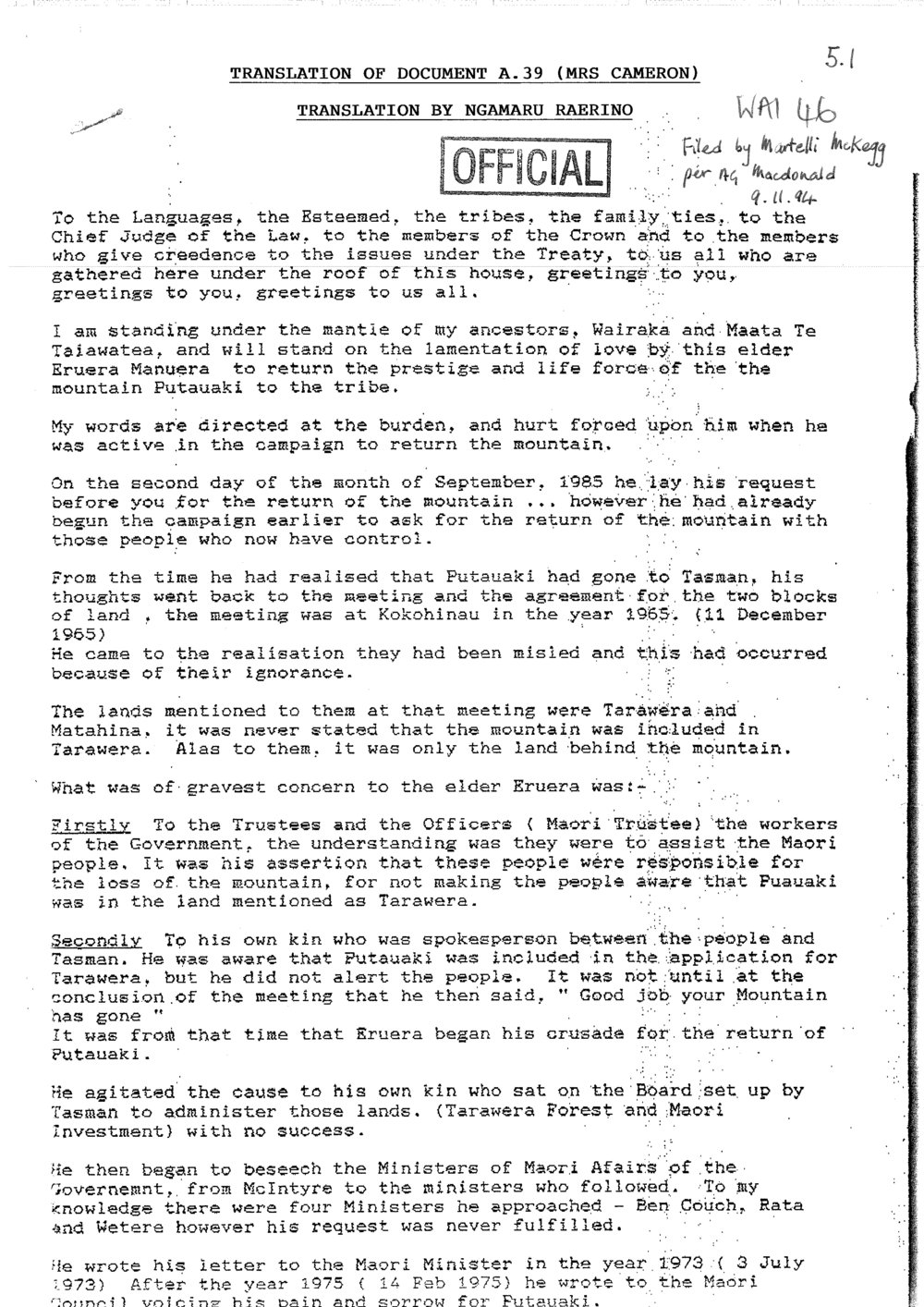 Wai 46_INQ_5.1_Translation of Document A.39 (Mrs.Cameron) Translation by Ngamanu Raerino