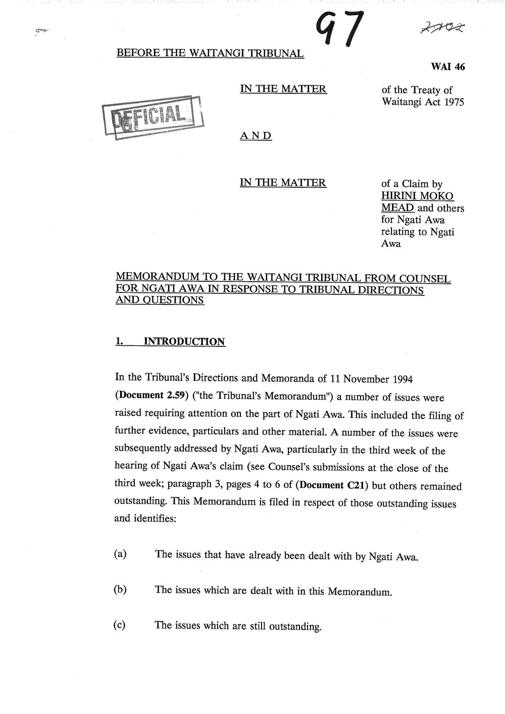 Wai 46_INQ_G007_Memo to the Waitangi Tribunal from Counsel for Ngati Awa in response to Tribunal Directions &amp; Questions