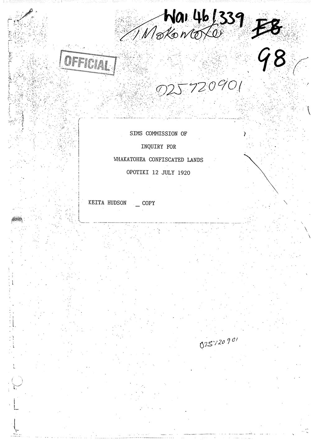 Wai 46_INQ_G008_Commission of Inquiry RE Whakatohea Confiscated lands - Opotiki 0 12 July 1920