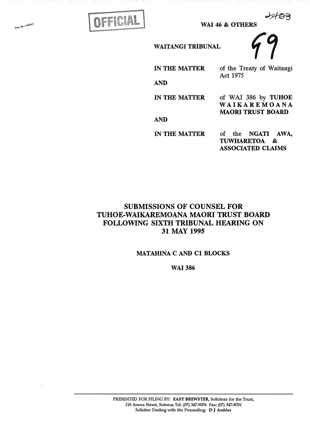 Wai 46_INQ_G009_Submissions of Counsel for Tuhoe-Waikaremoana Maori Trust Board Following Sixth Tribunal Hearing - 31 May 1995