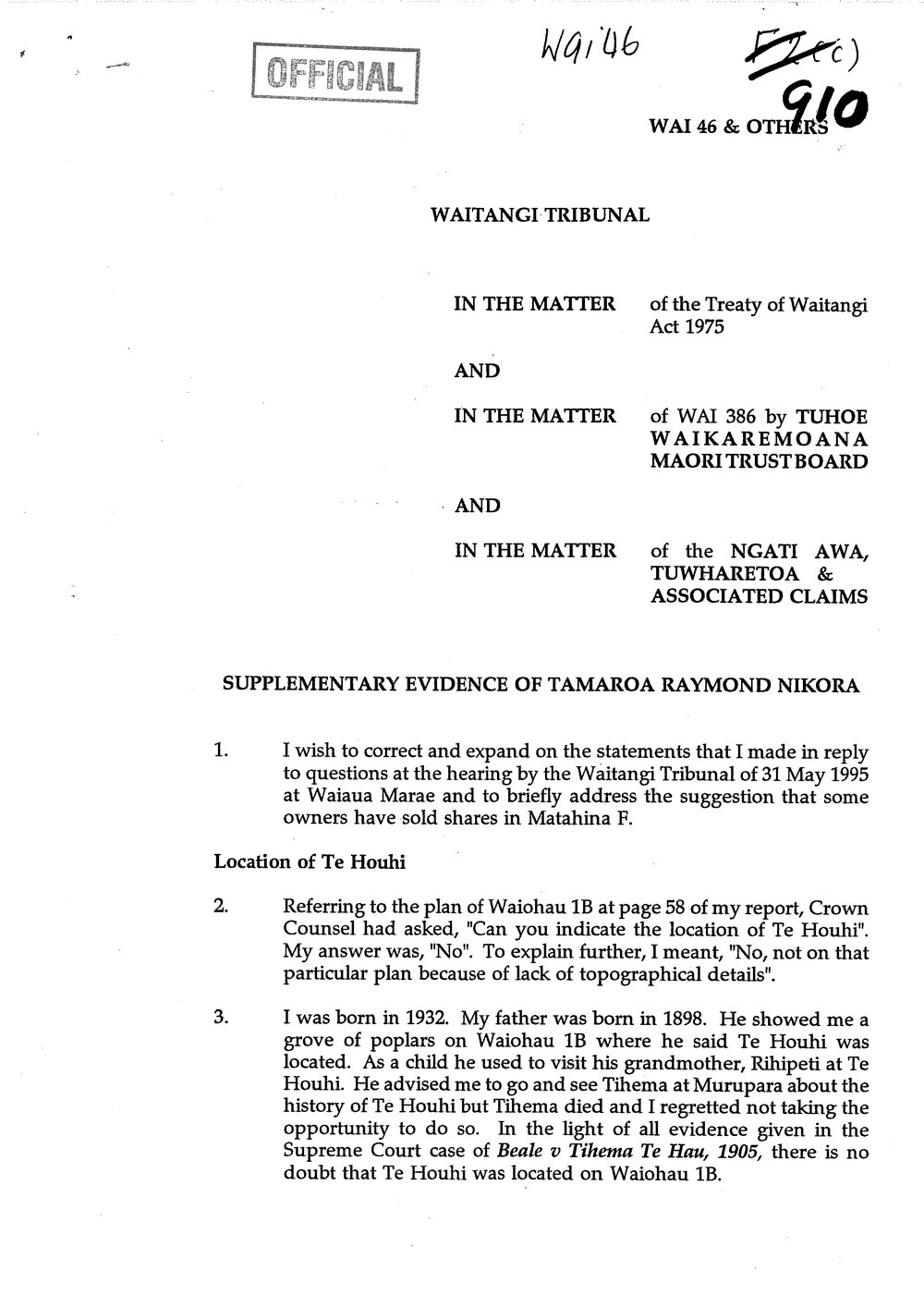 Wai 46_INQ_G010_Supplementary Evidence of Tamaroa Raymond Nikora 13 June 1995