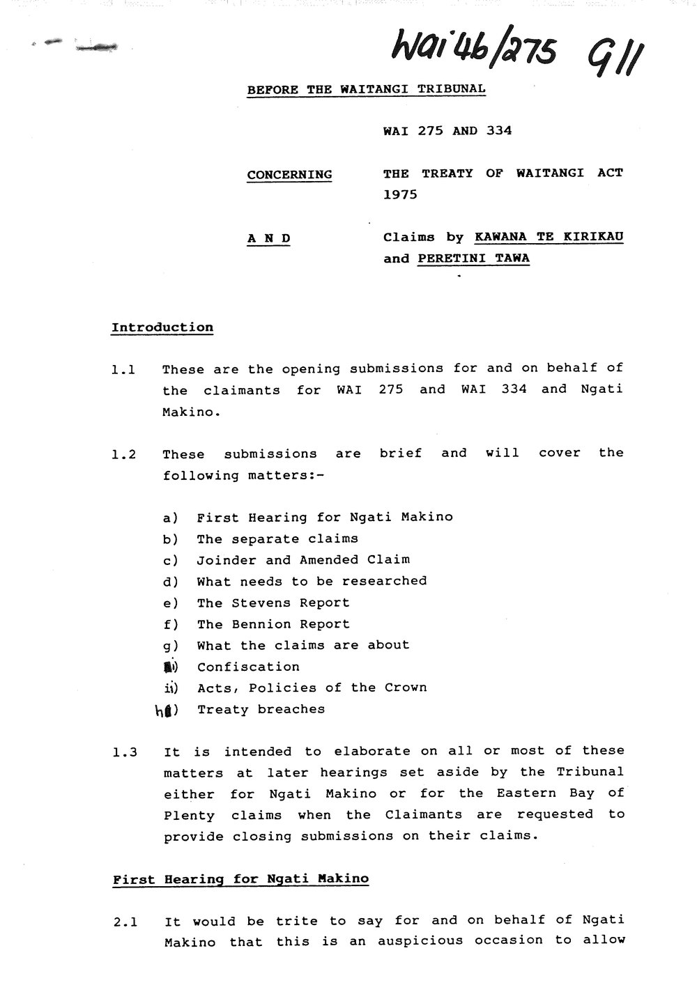 Wai 46_INQ_G011_Claim by Kawana Te Kirikau &amp; Peretini Tawa - 19 June 1995