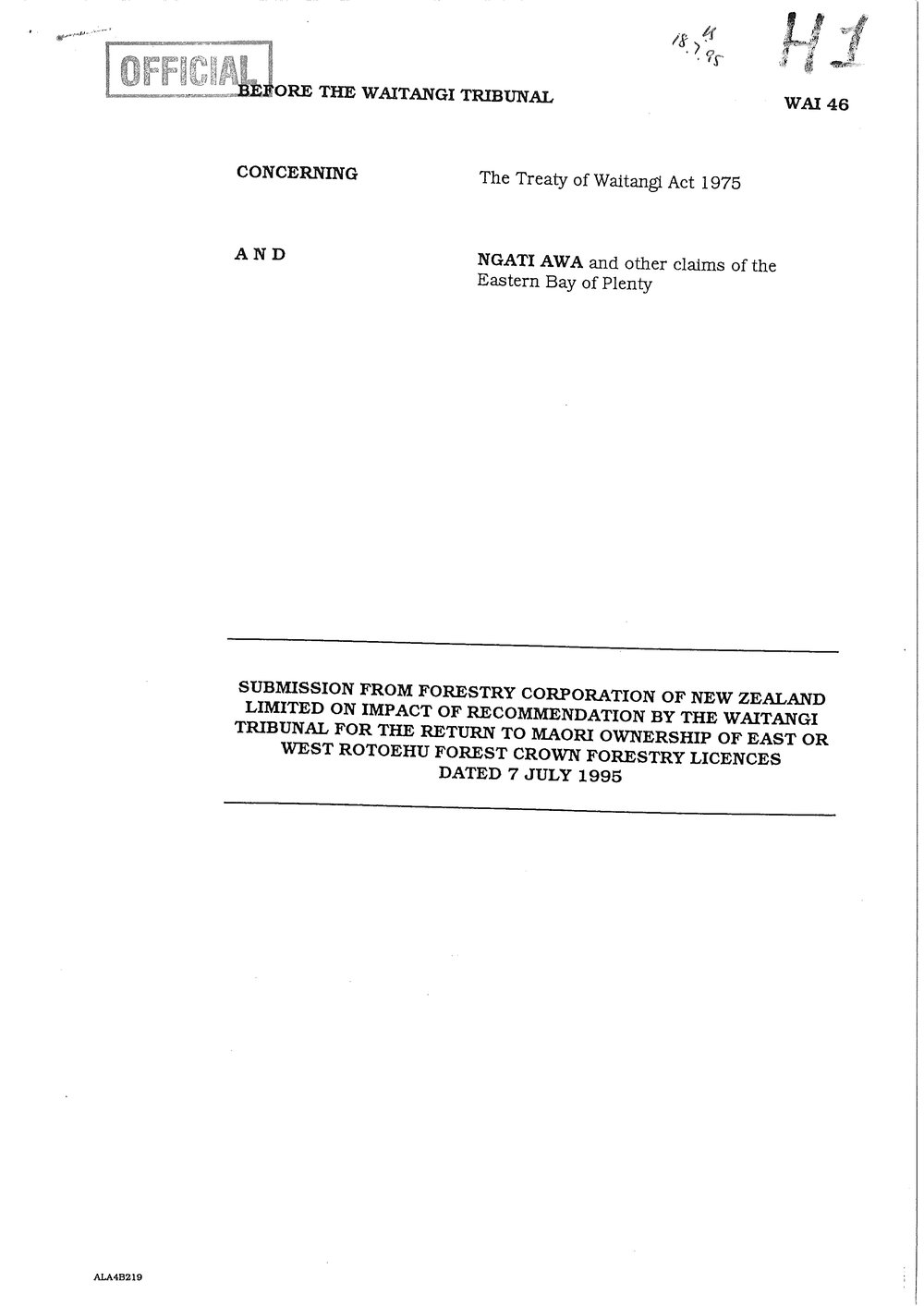 Wai 46_INQ_H001_Submissions from Forestry Corporation RE Return of Putauaki - 7 July 1995