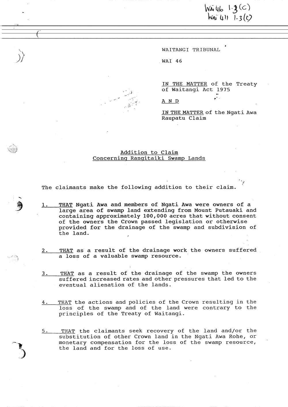 Wai 46_INQ_1.2 Additional Claim RE Rangitaiki Swamp Lands