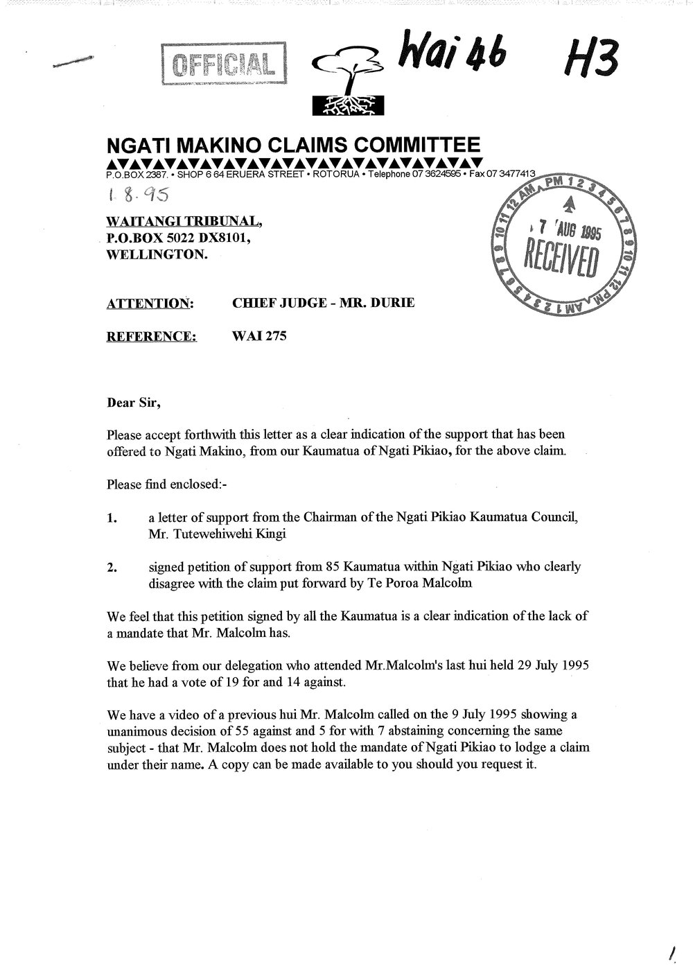 Wai 46_INQ_H003_Letter RE Wai 275